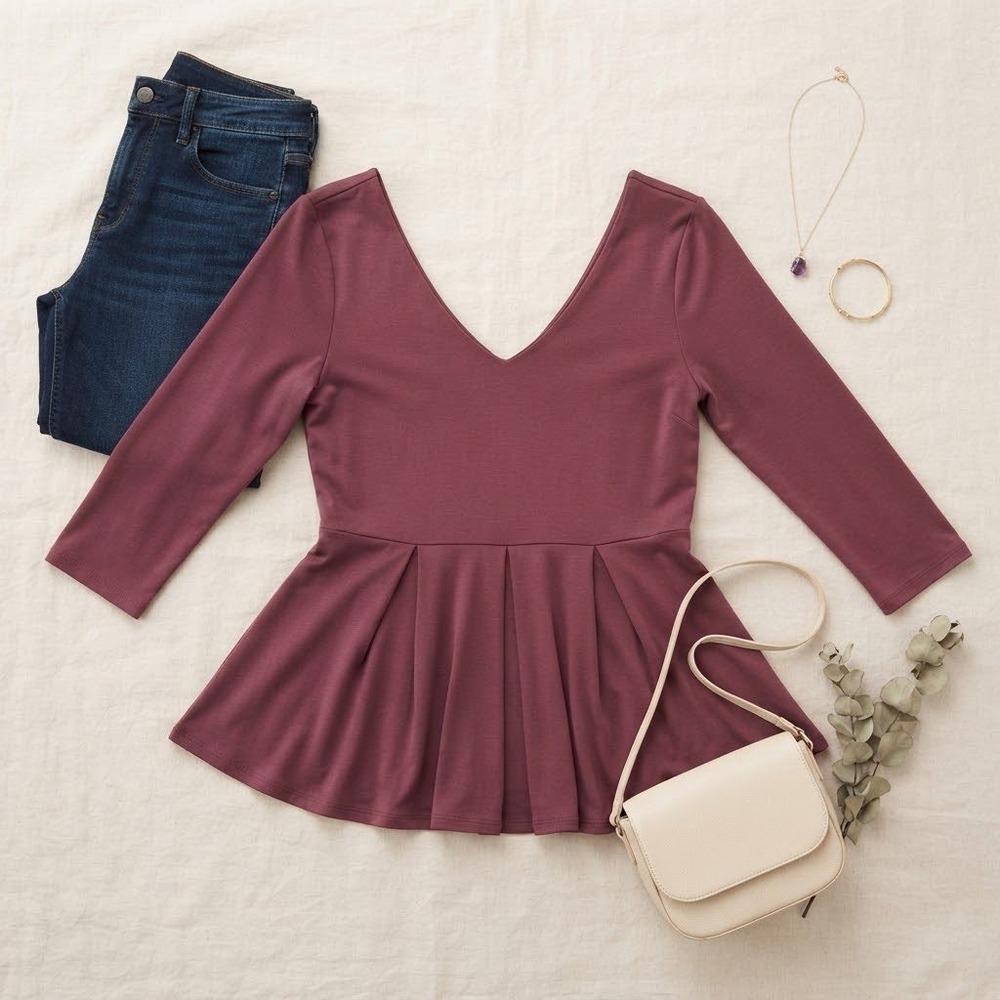 Victoria's Secret Burgundy V-Neck Peplum Top Gold Back Zip 3/4 Sleeve Small